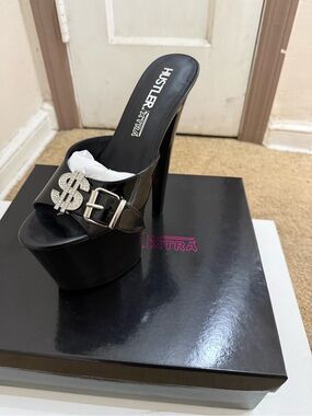 YRU Black Patent Platform Mule Heels with Crystal Dollar Buckle